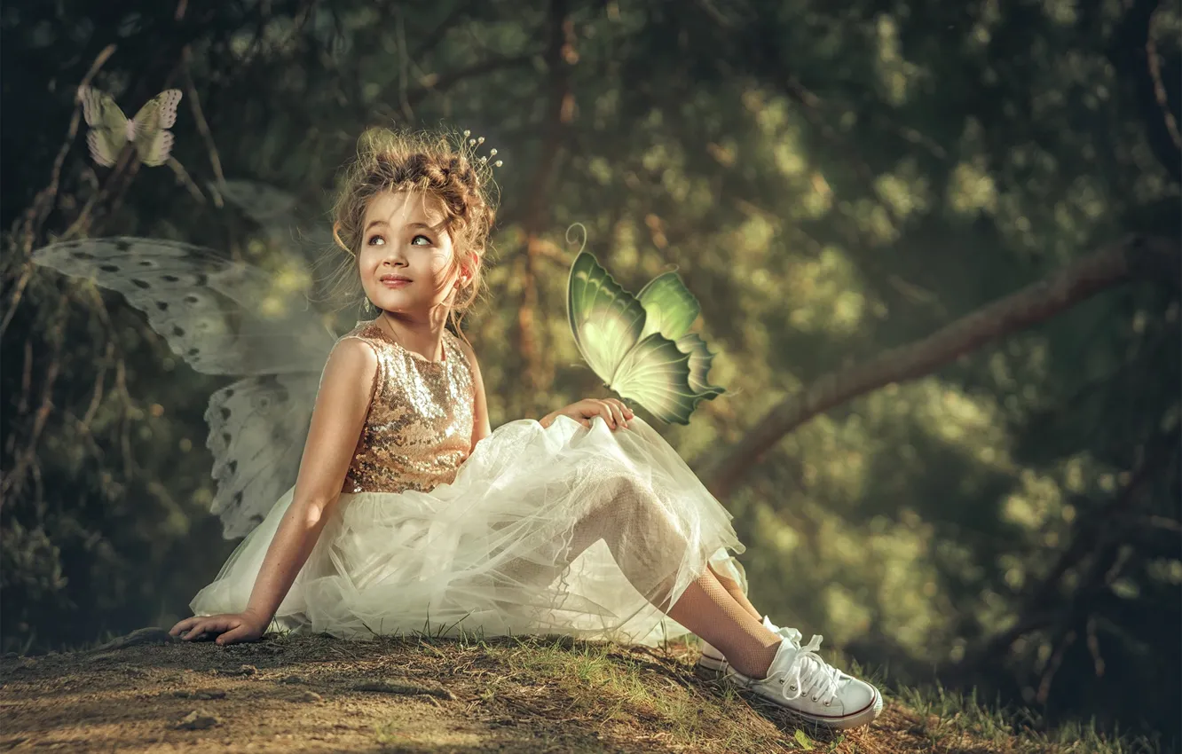 Photo wallpaper butterfly, nature, sneakers, dress, fairy, girl, outfit, wings