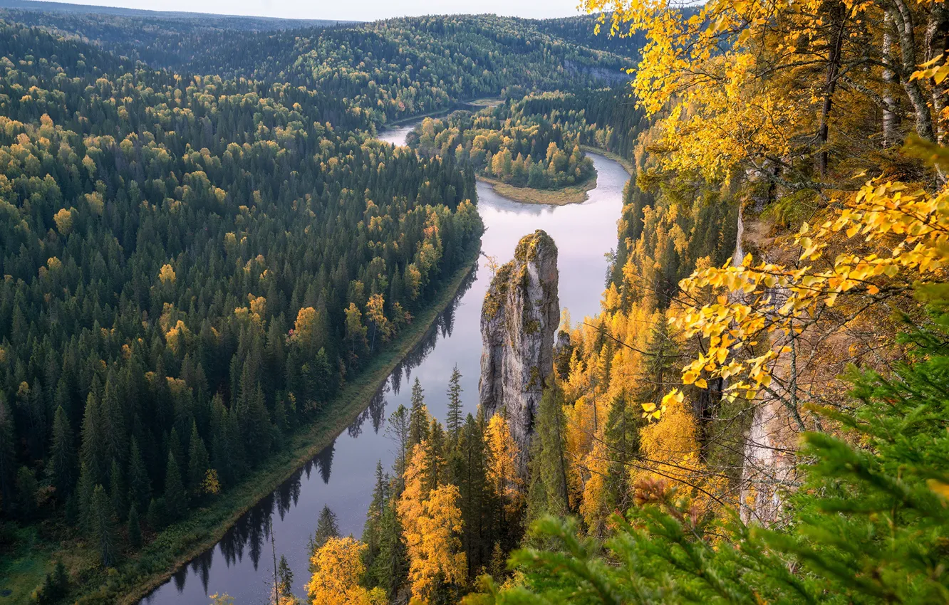 Photo wallpaper autumn, landscape, nature, river, rocks, forest, Perm Krai, Usva