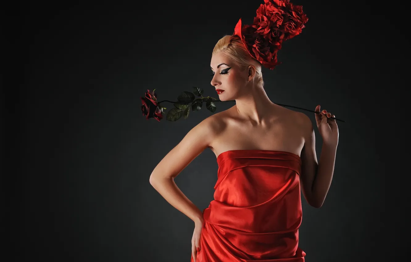 Photo wallpaper girl, flowers, roses, dress, blonde, profile, hat, twilight