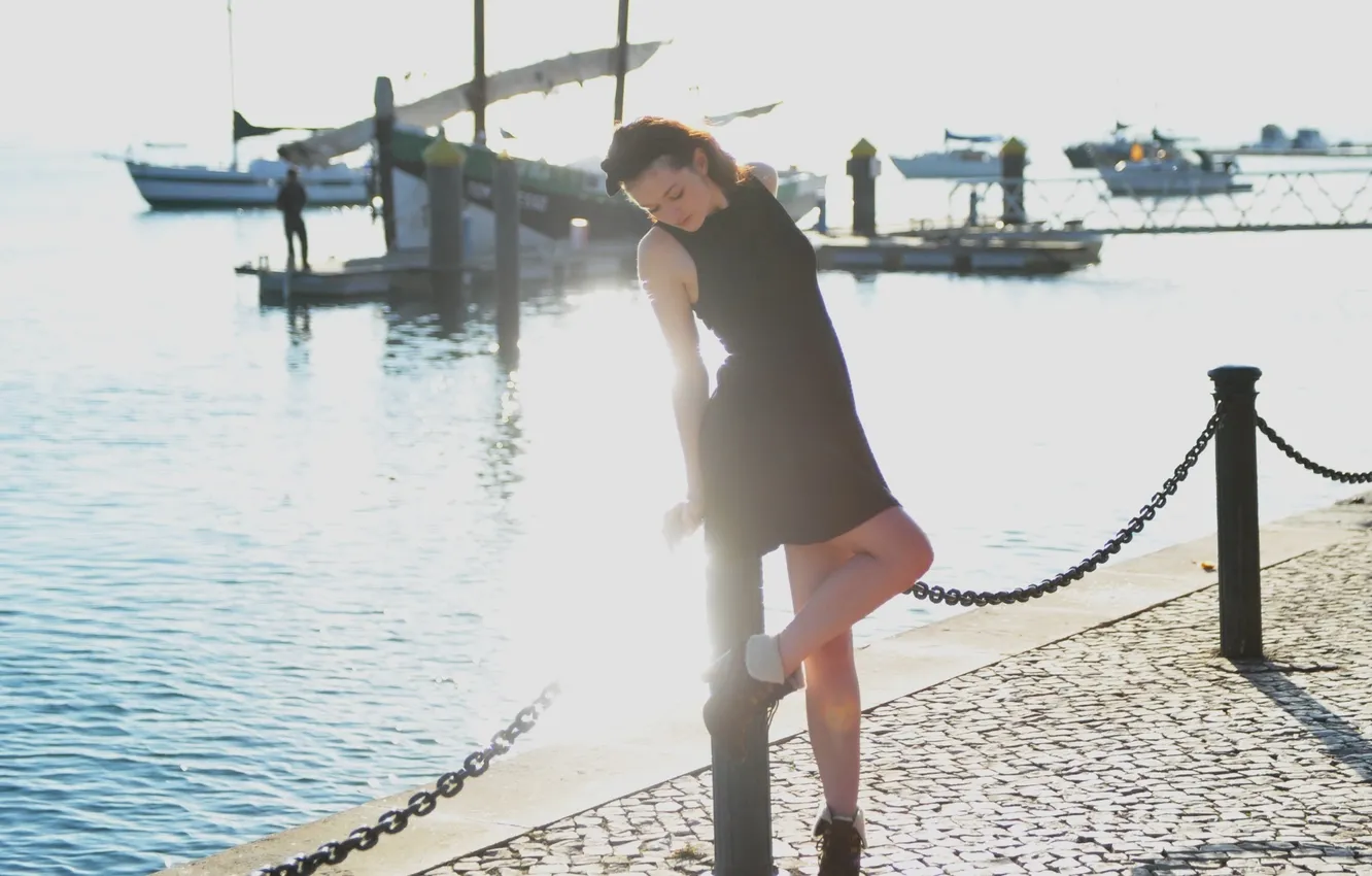 Photo wallpaper water, girl, yacht, pier, dress, port, chain, in black