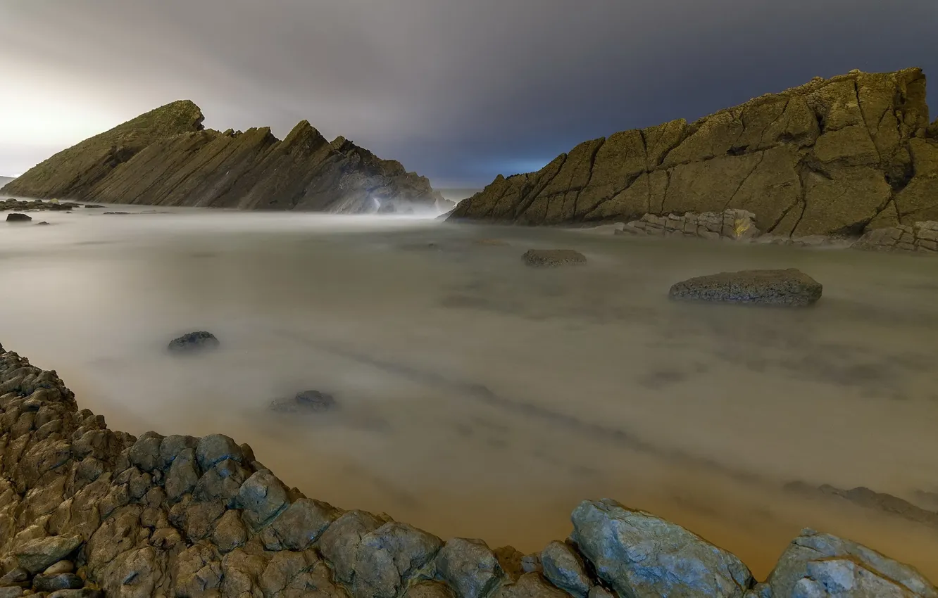 Photo wallpaper sea, night, rocks