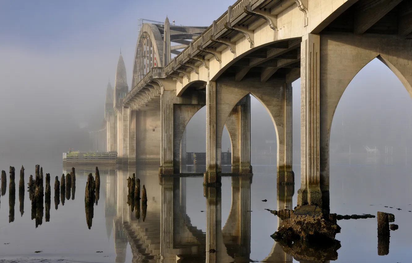 Photo wallpaper bridge, fog, river, support