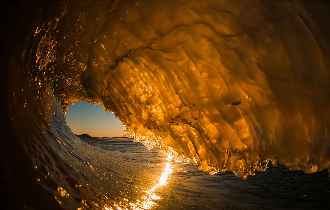 Photo wallpaper sea, wave, sunset, squirt