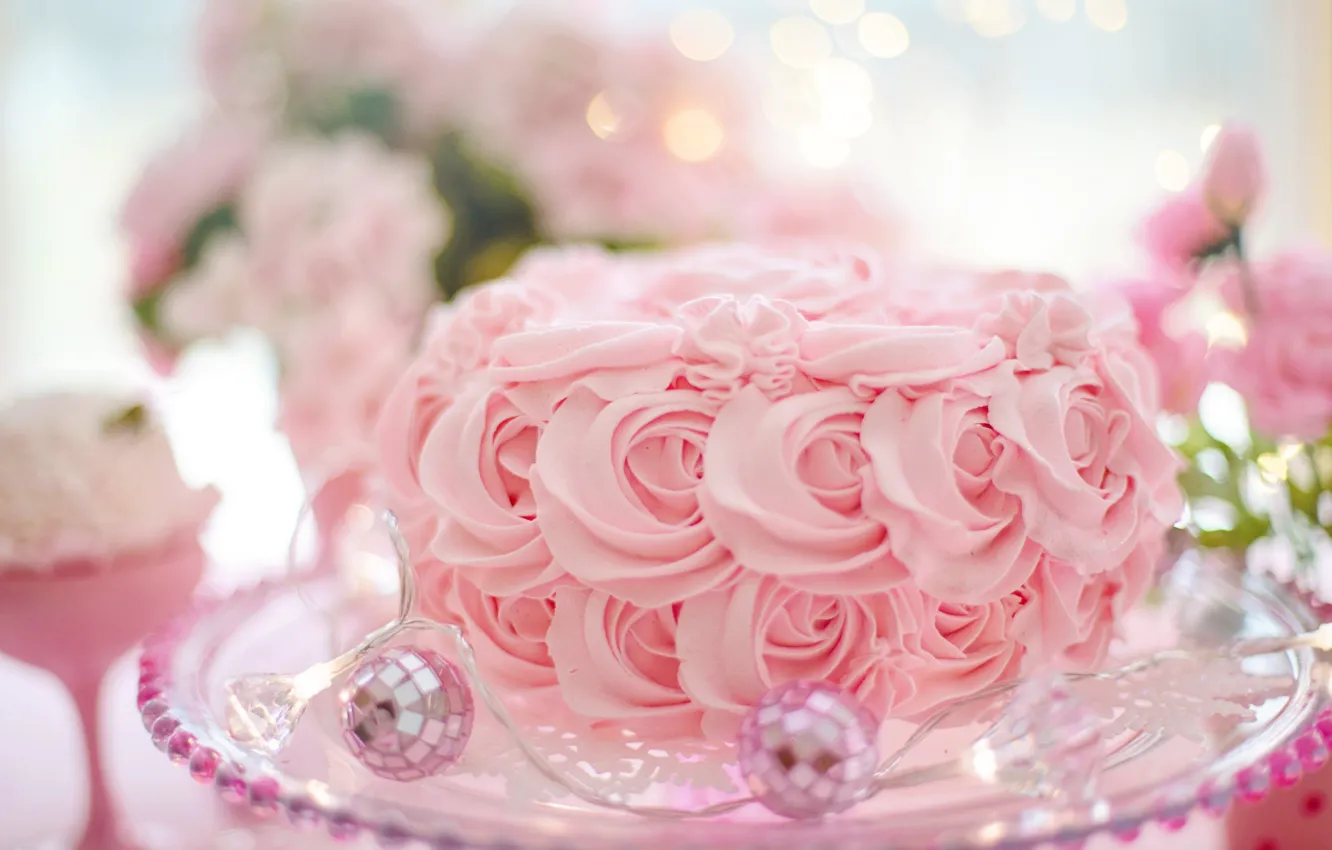 Photo wallpaper pink, ball, cake, garland, cake, cream, pink, sweet