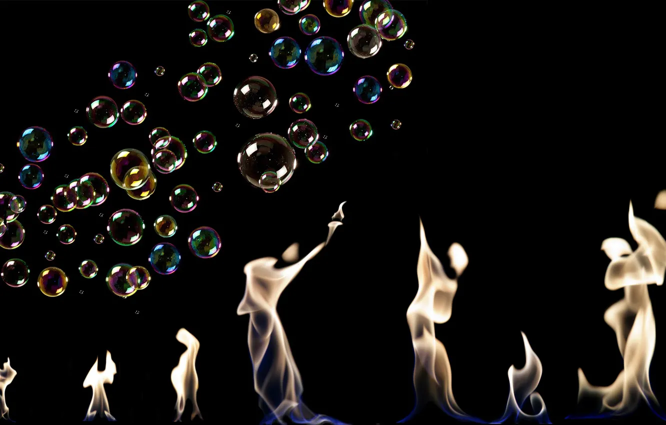 Photo wallpaper language, lights, bubbles, background, flame, black, silhouette, soap