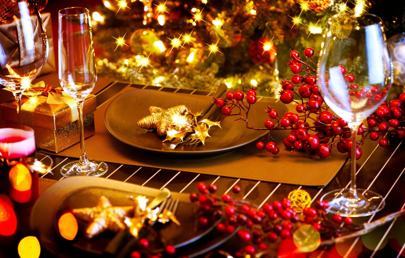 Photo wallpaper winter, lights, table, tree, devices, New Year, glasses, Christmas