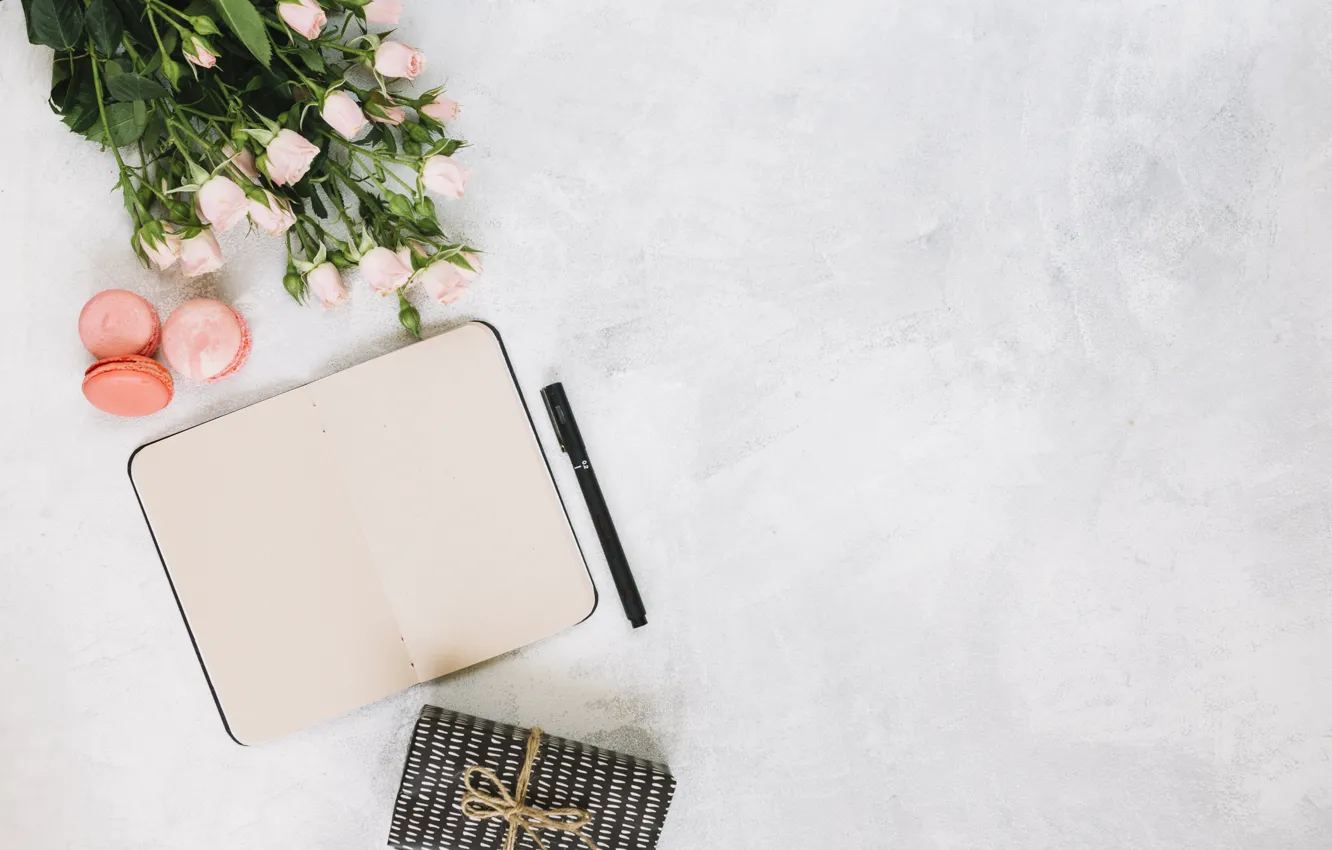 Photo wallpaper gift, roses, bouquet, Notepad, flowers, macaroons