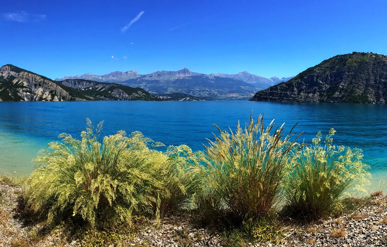 Photo wallpaper the sky, the sun, mountains, stones, shore, boat, France, Bay