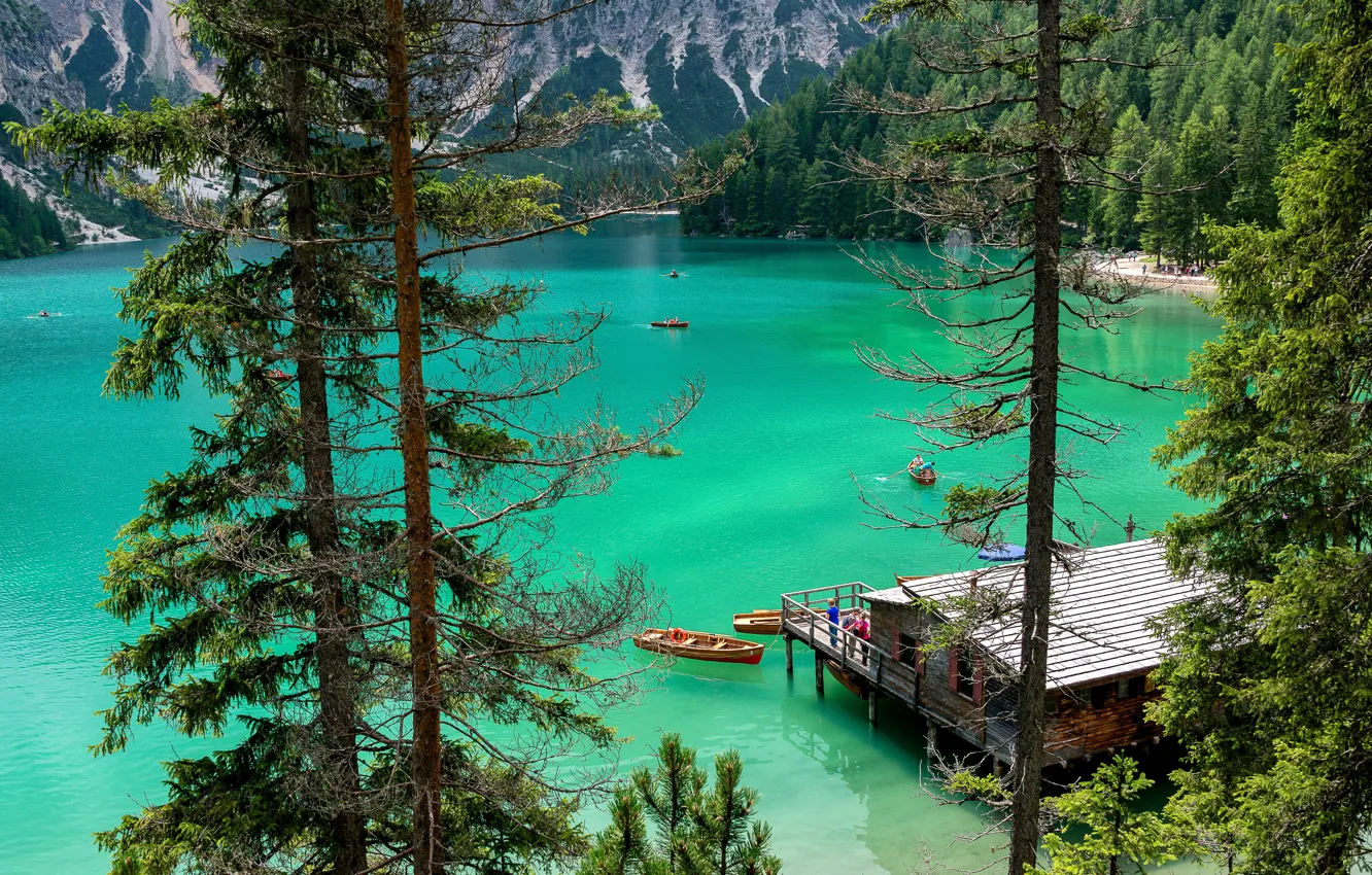 Photo wallpaper boat, people, pine, mountain lake, emerald water, wooden building