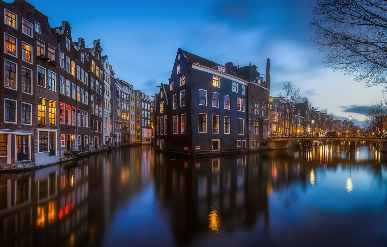 Photo wallpaper water, light, the city, lights, home, the evening, Amsterdam, channel