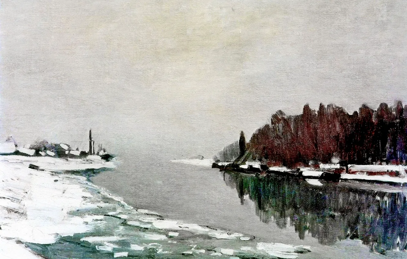 Photo wallpaper winter, landscape, picture, Claude Monet, The ice on the Banks of the Seine