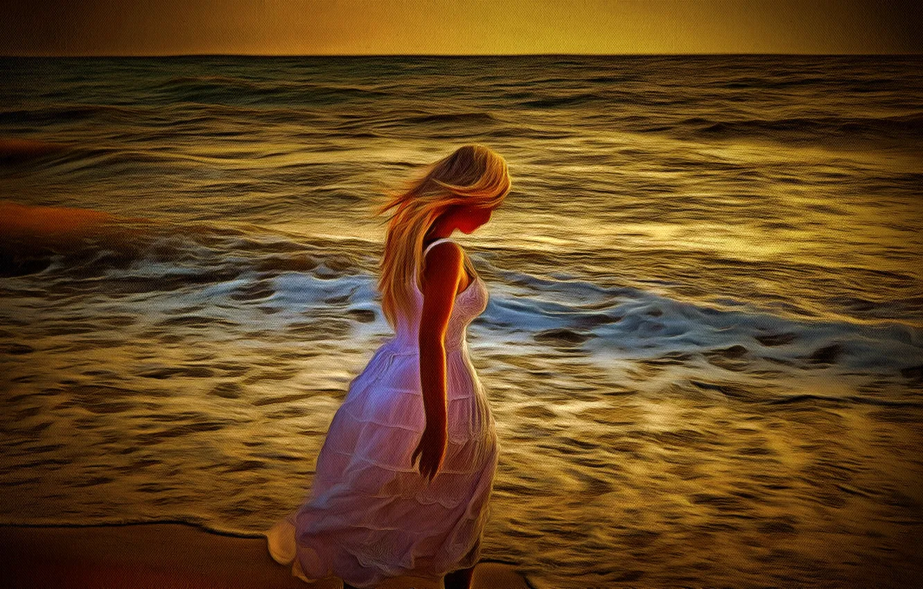 Photo wallpaper sea, girl, sunset, AnnetNova