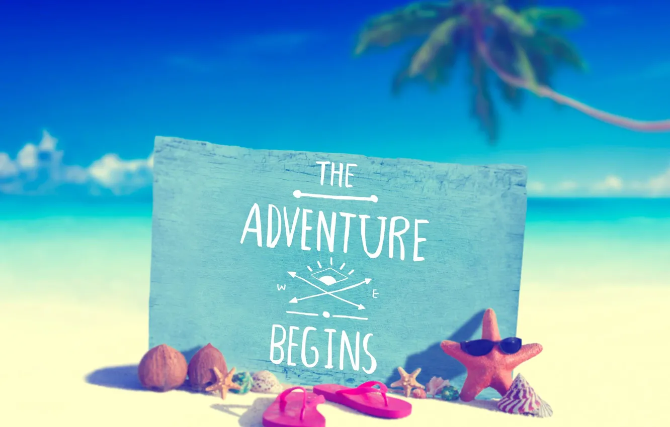 Photo wallpaper sea, beach, summer, tropics, palm trees, the inscription