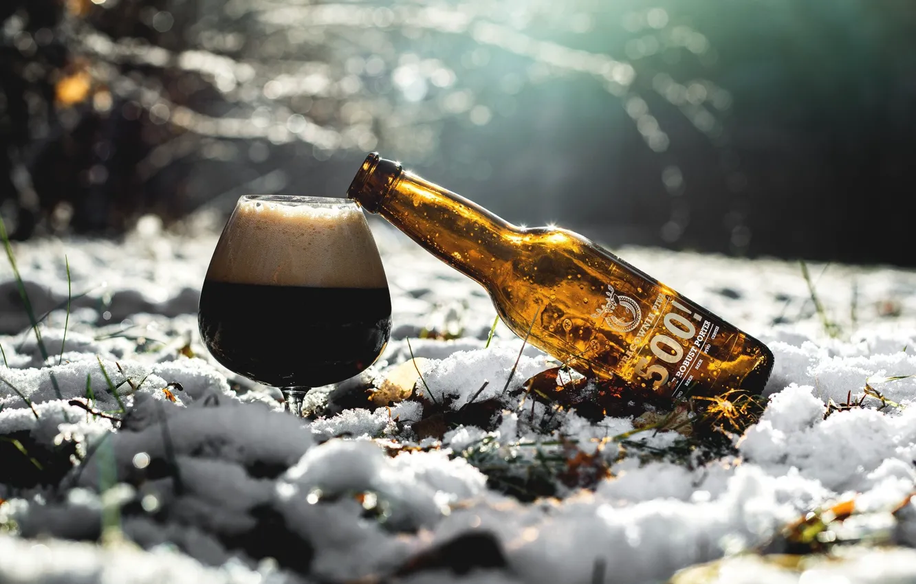 Photo wallpaper winter, snow, bottle, beer, drink, brand
