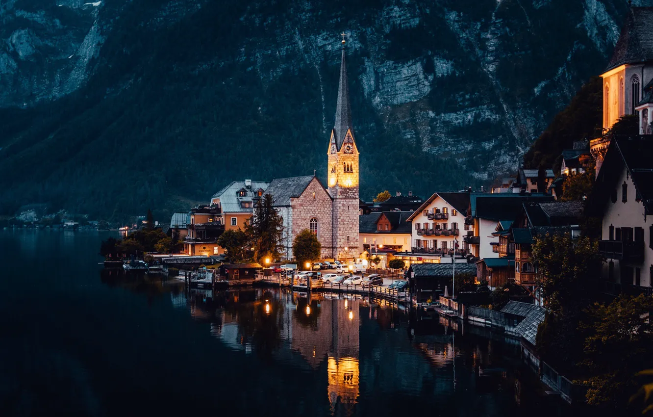 Photo wallpaper forest, water, light, mountains, night, lake, surface, street