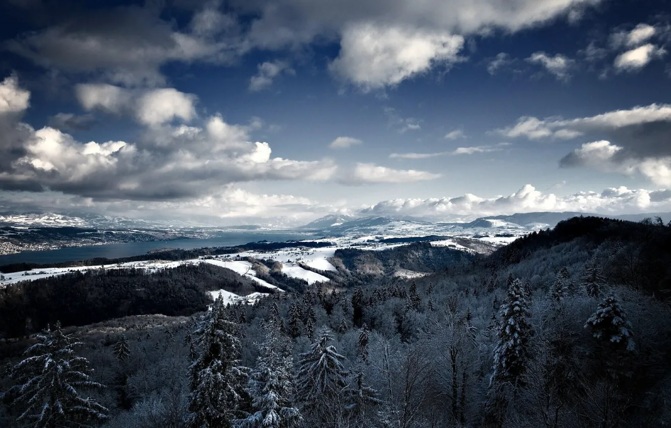Photo wallpaper winter, the sky, clouds, snow, trees, landscape, mountains, the slopes