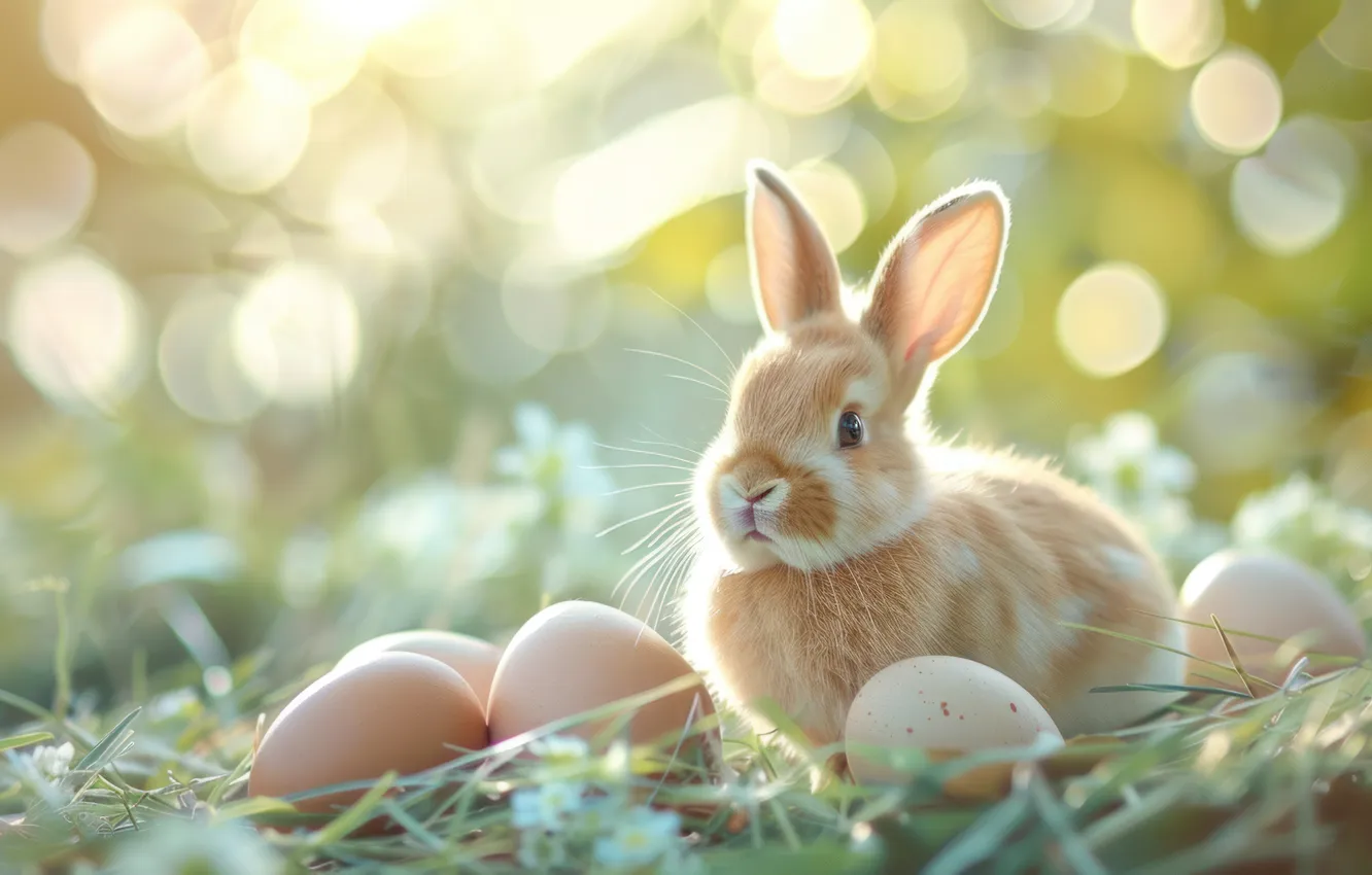 Photo wallpaper nature, holiday, eggs, rabbit, Easter, bokeh, AI art, Easter background