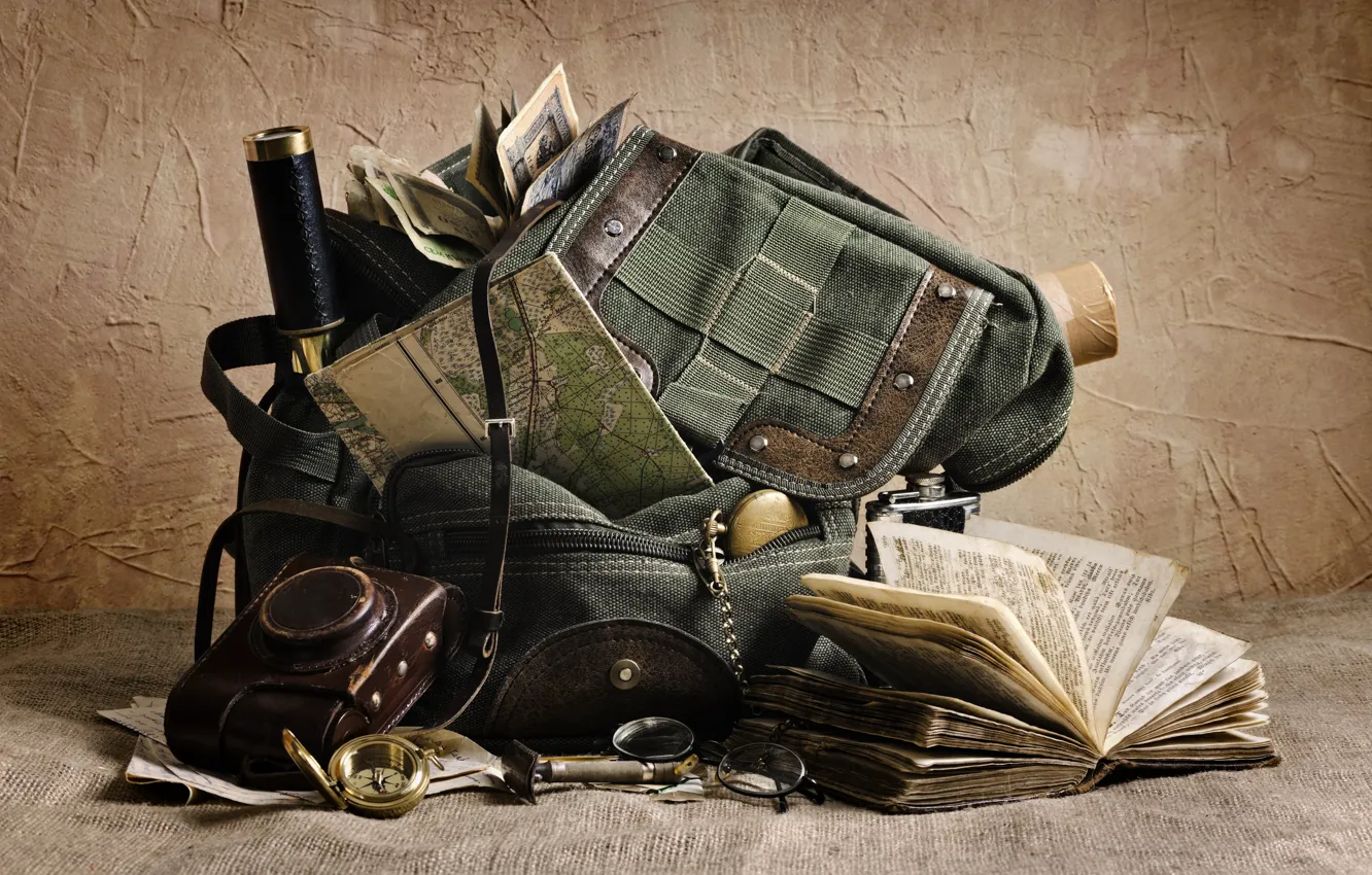 Photo wallpaper map, glasses, the camera, book, bag, compass, vintage, spyglass