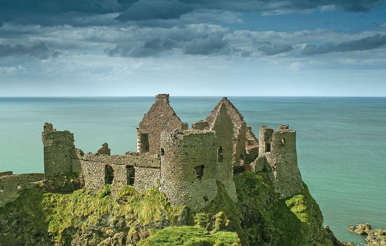 Photo wallpaper sea, the sky, clouds, castle, Ireland, Dunluce Castle, medieval architecture