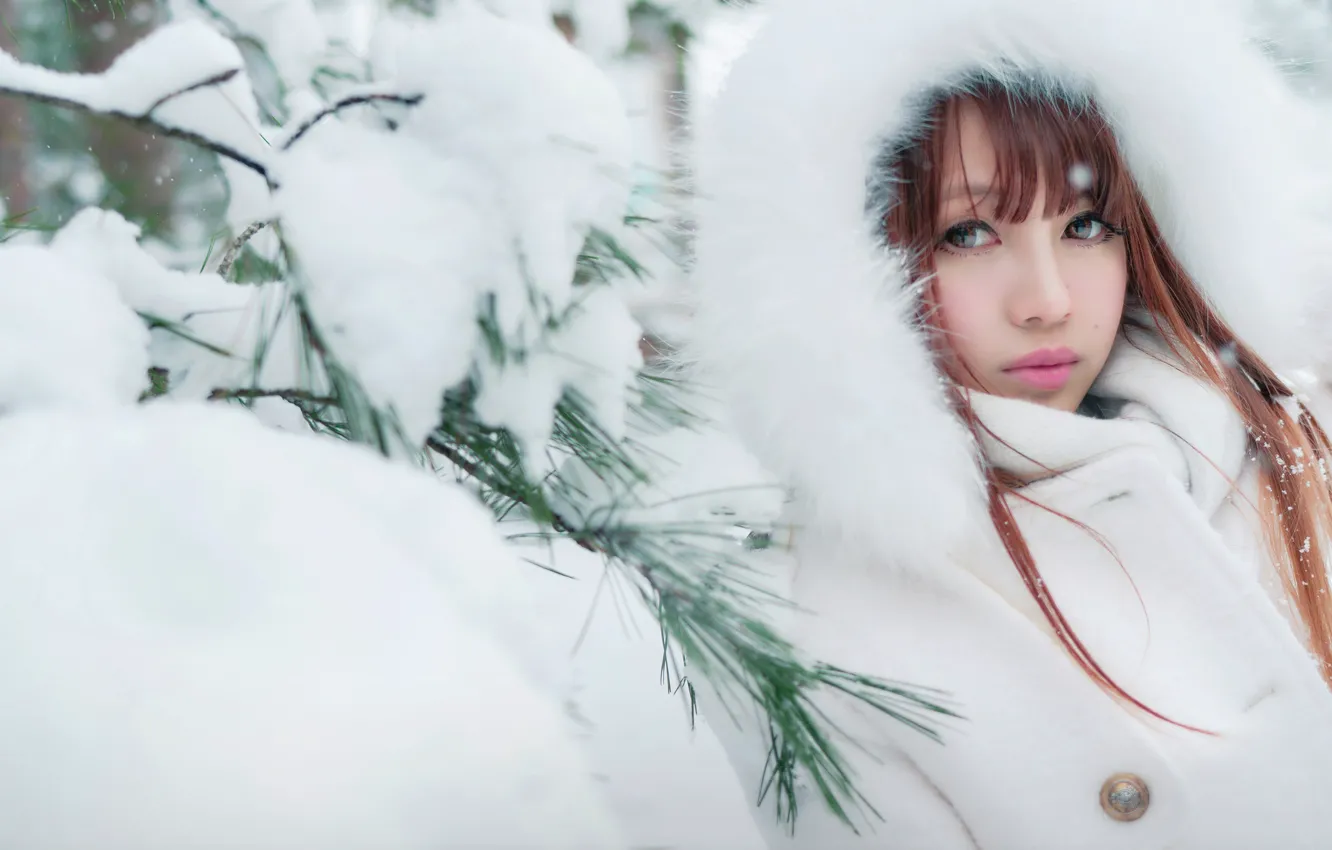 Photo wallpaper winter, look, snow, hood, Asian