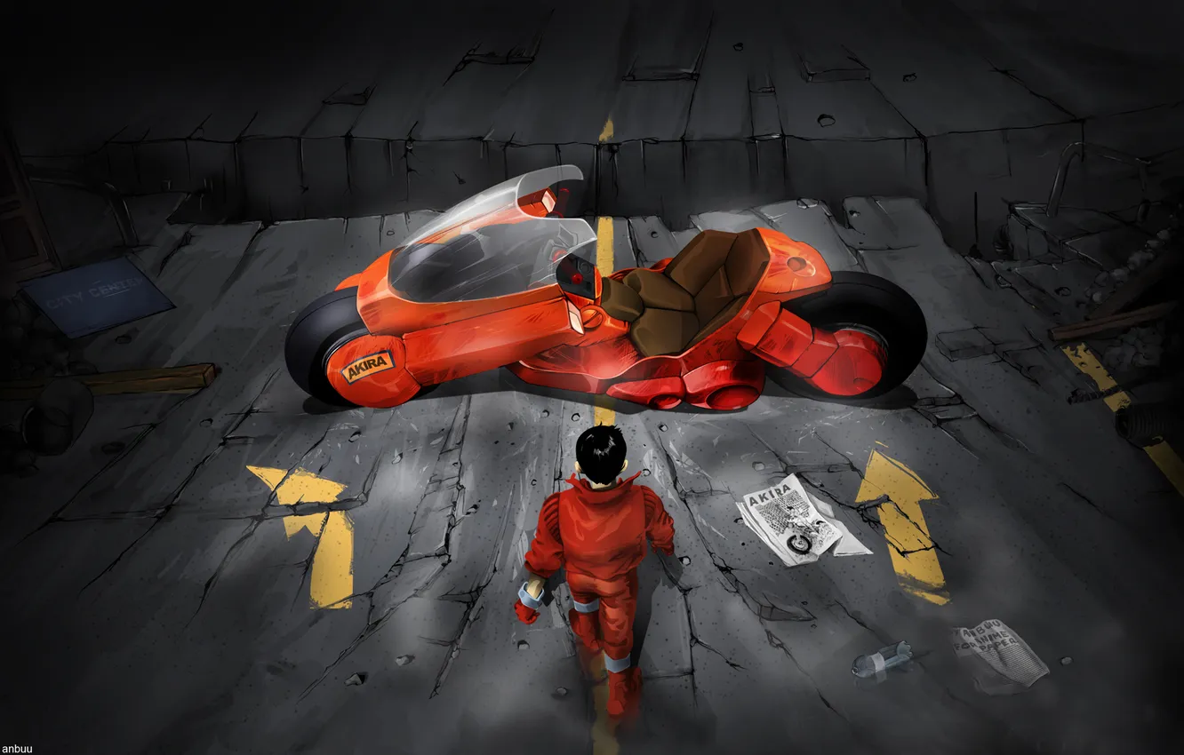 Photo wallpaper road, anime, art, motorcycle, newspaper, guy, Akira, Akira
