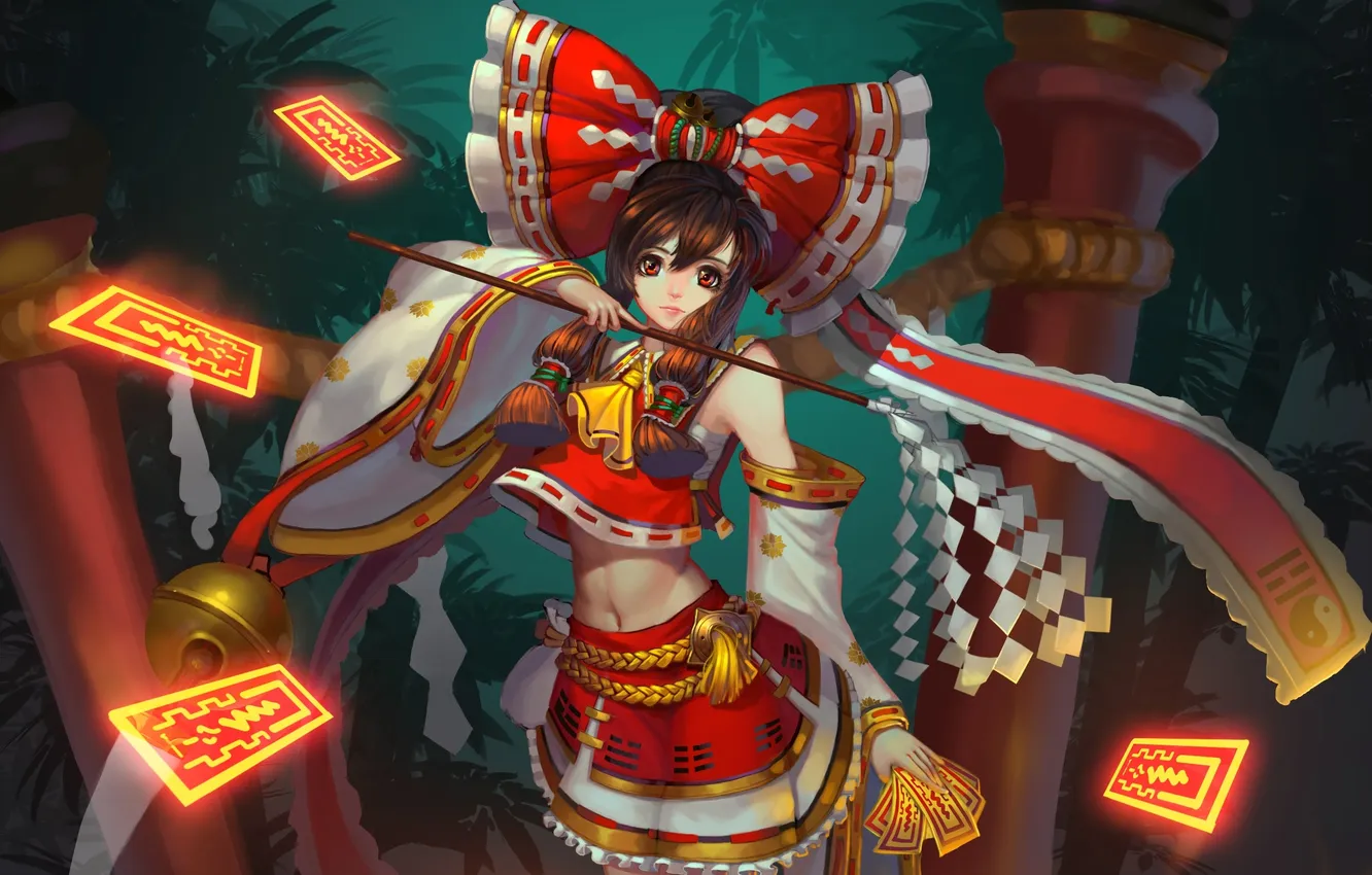 Photo wallpaper look, girl, night, magic, gesture, touhou, art, Hakurei Reimu