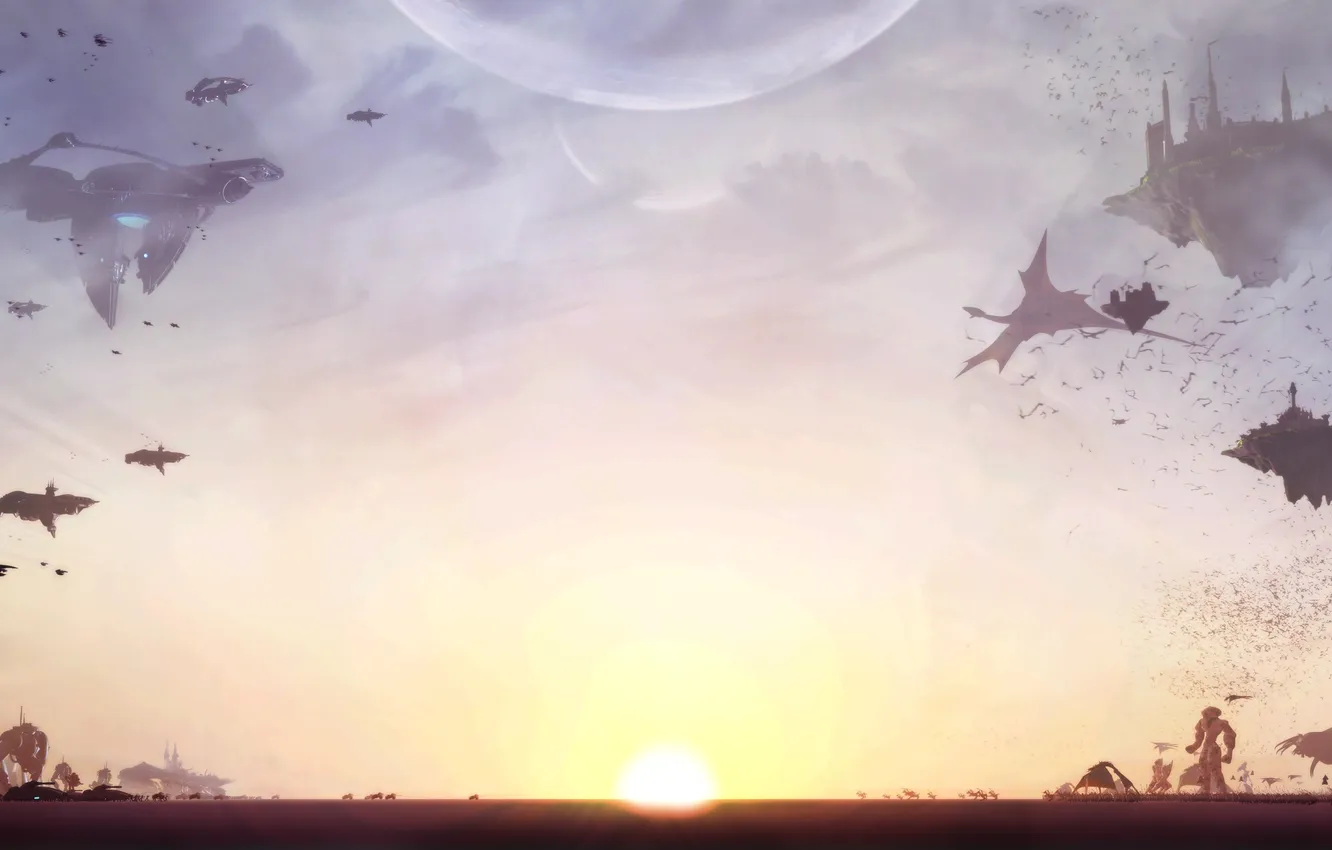 Photo wallpaper castle, fiction, magic, dragon, the opposition, technology, fantasy, starship