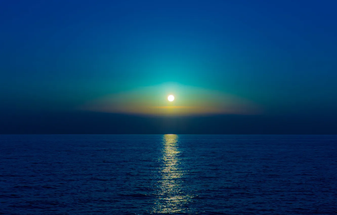 Photo wallpaper sea, reflection, the moon, mirror, horizon, moonlight