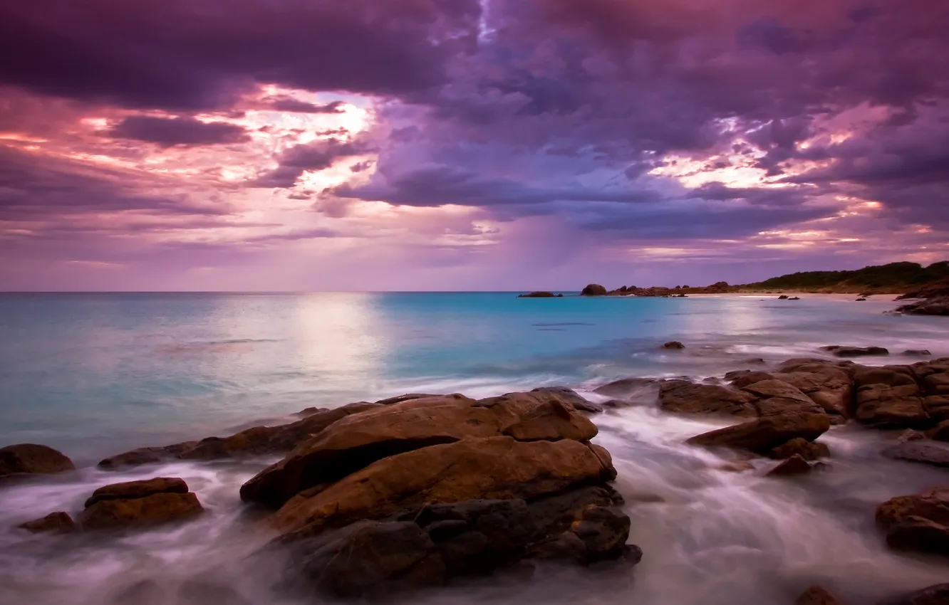 Photo wallpaper sea, the sky, clouds, stones, morning