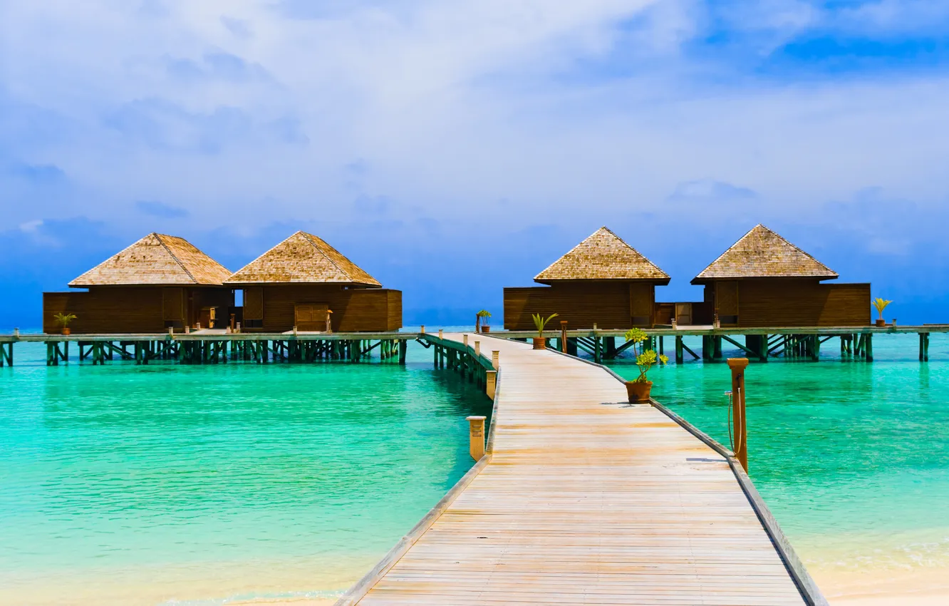 Photo wallpaper sea, water, landscape, bridge, the ocean, shore, home, house