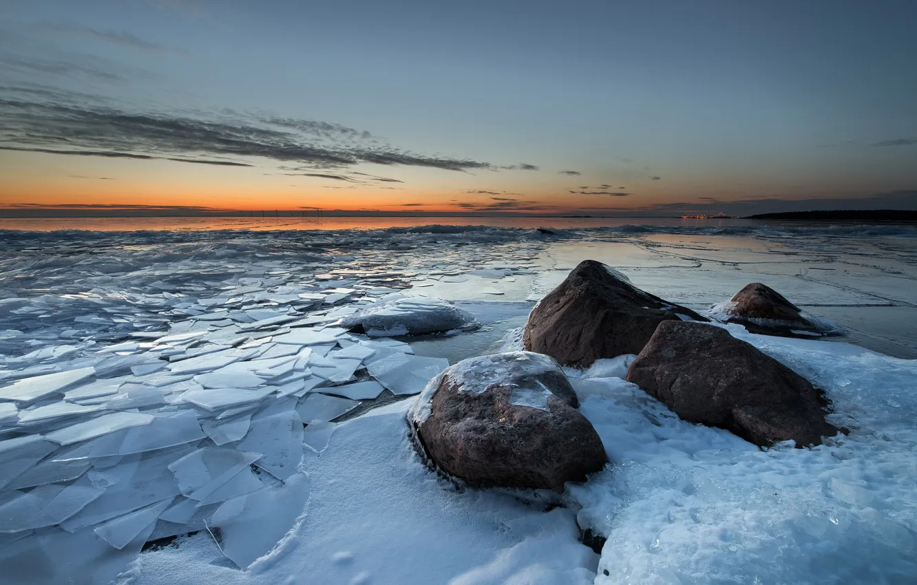 Photo wallpaper ice, landscape, sunset, lake