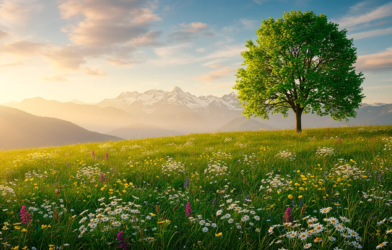 Photo wallpaper the sky, trees, flowers, mountains, wallpaper, sky, flowers, mountains