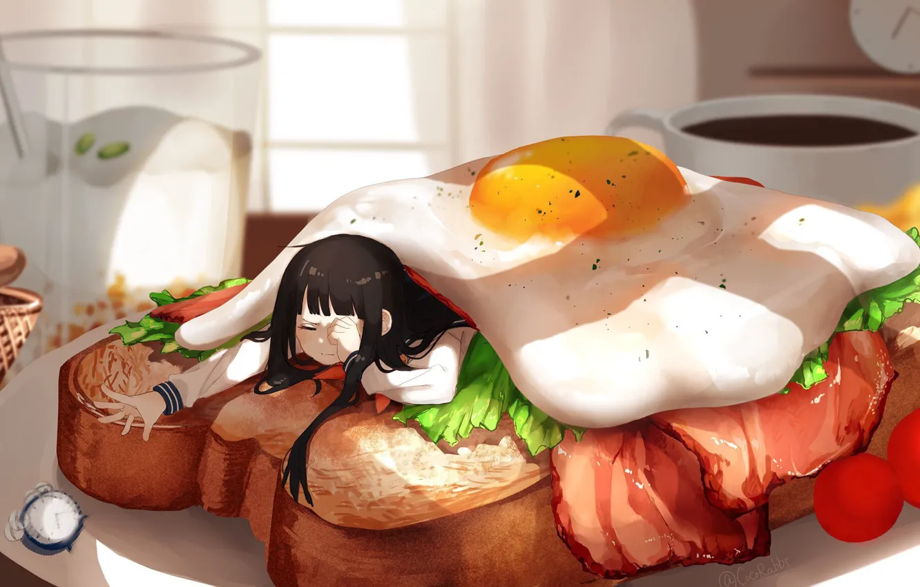 Photo wallpaper girl, alarm clock, sandwich, eggs