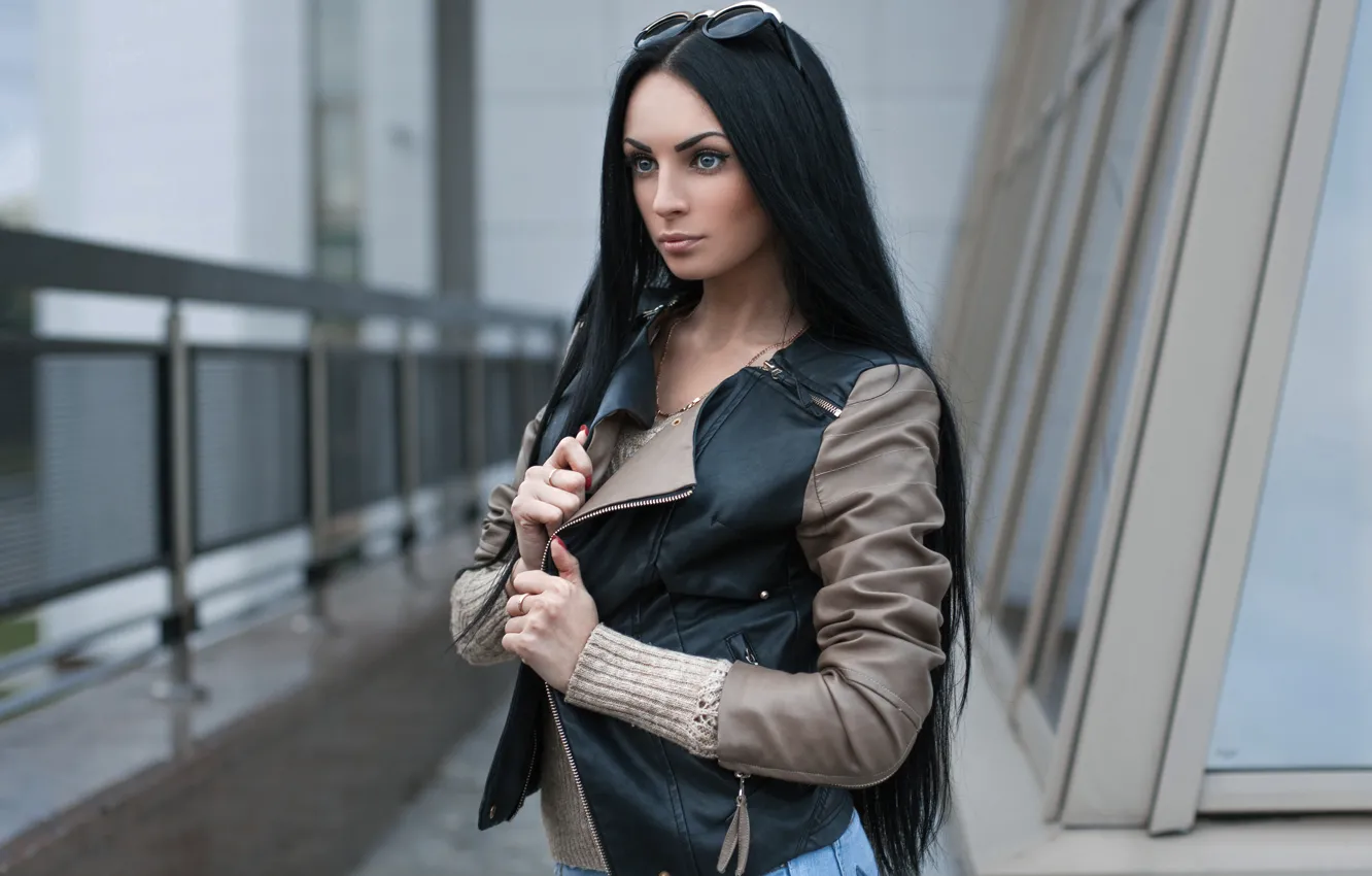 Photo wallpaper hair, the building, Girl, jacket, railings, long, leather