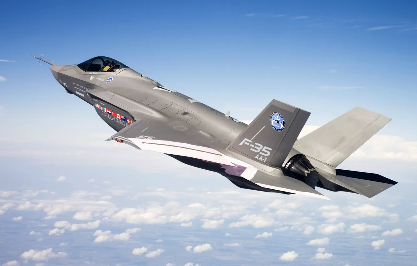 Photo wallpaper clouds, flight, height, fighter f-35