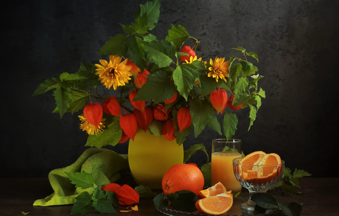 Photo wallpaper leaves, flowers, table, glass, towel, bouquet, oranges, yellow