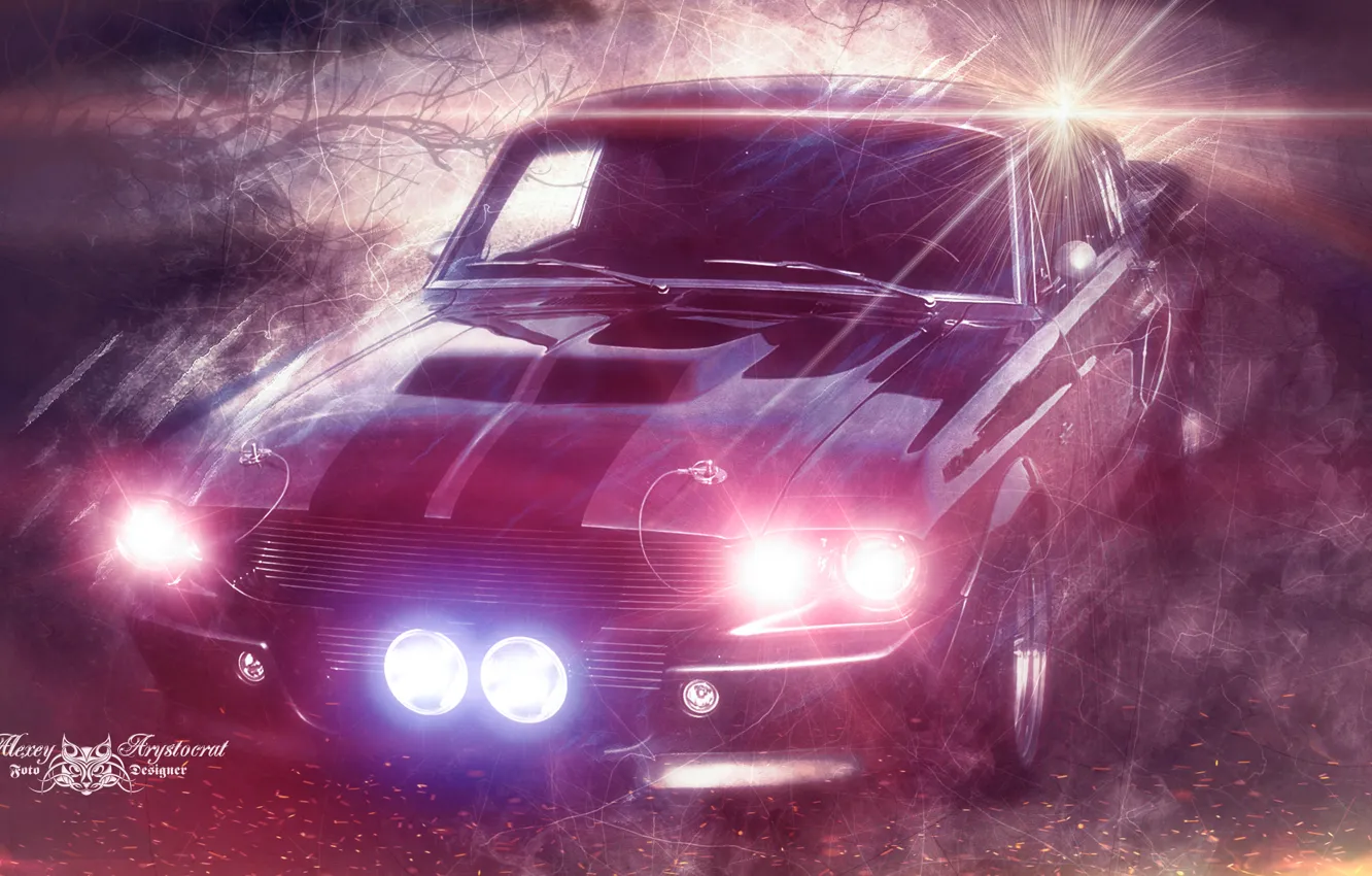 Photo wallpaper night, fog, fire, lights, Mustang, Ford