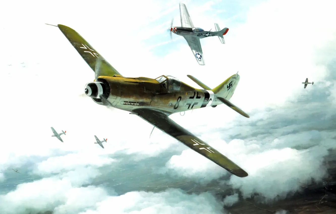 Photo wallpaper war, art, painting, aviation, Fw 190, WW2, P-51 Mustang, german fighter