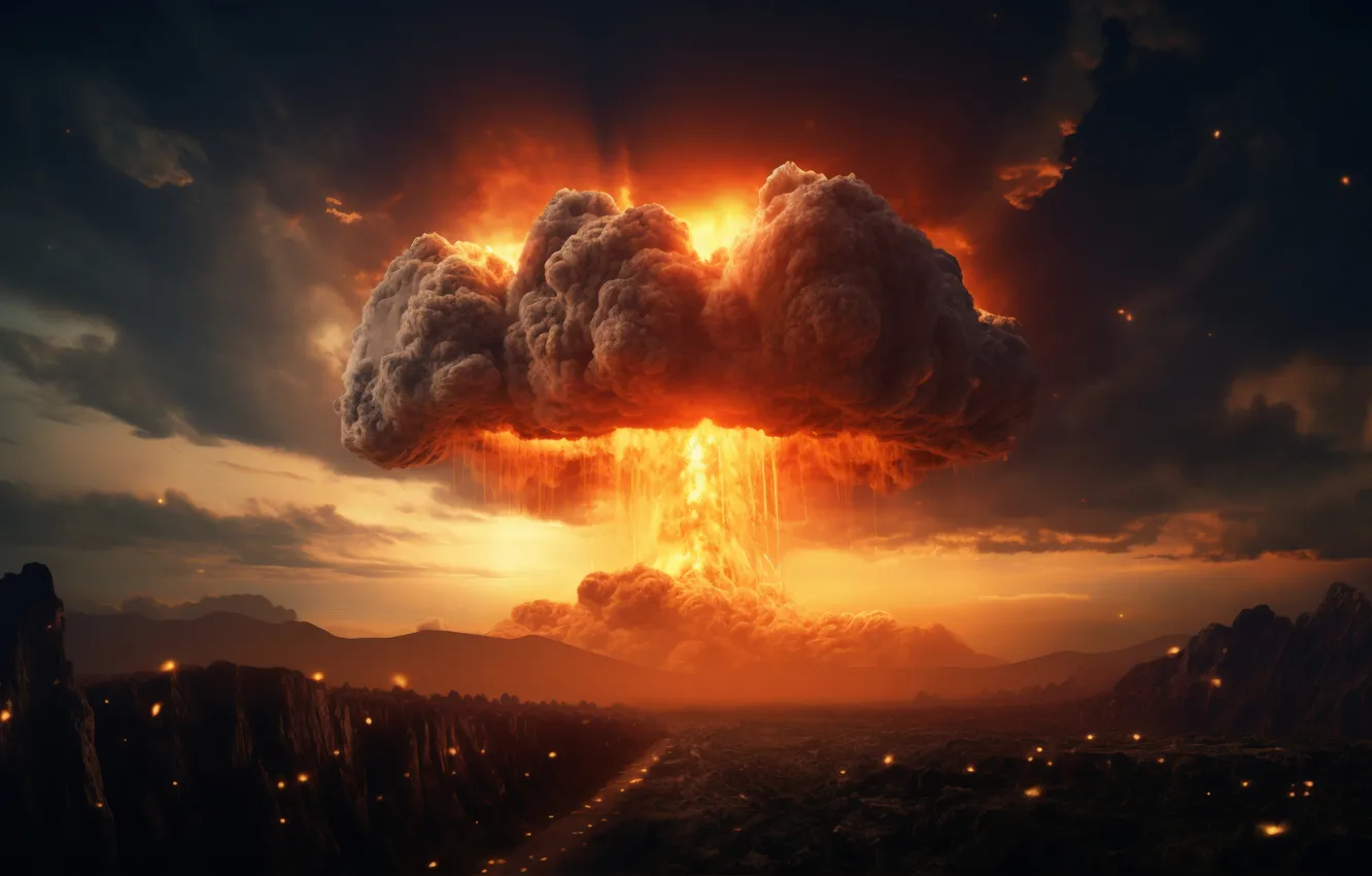 Photo wallpaper Clouds, Fire, Mushroom, The explosion, Digital art, A nuclear explosion, AI art, Nuclear weapon