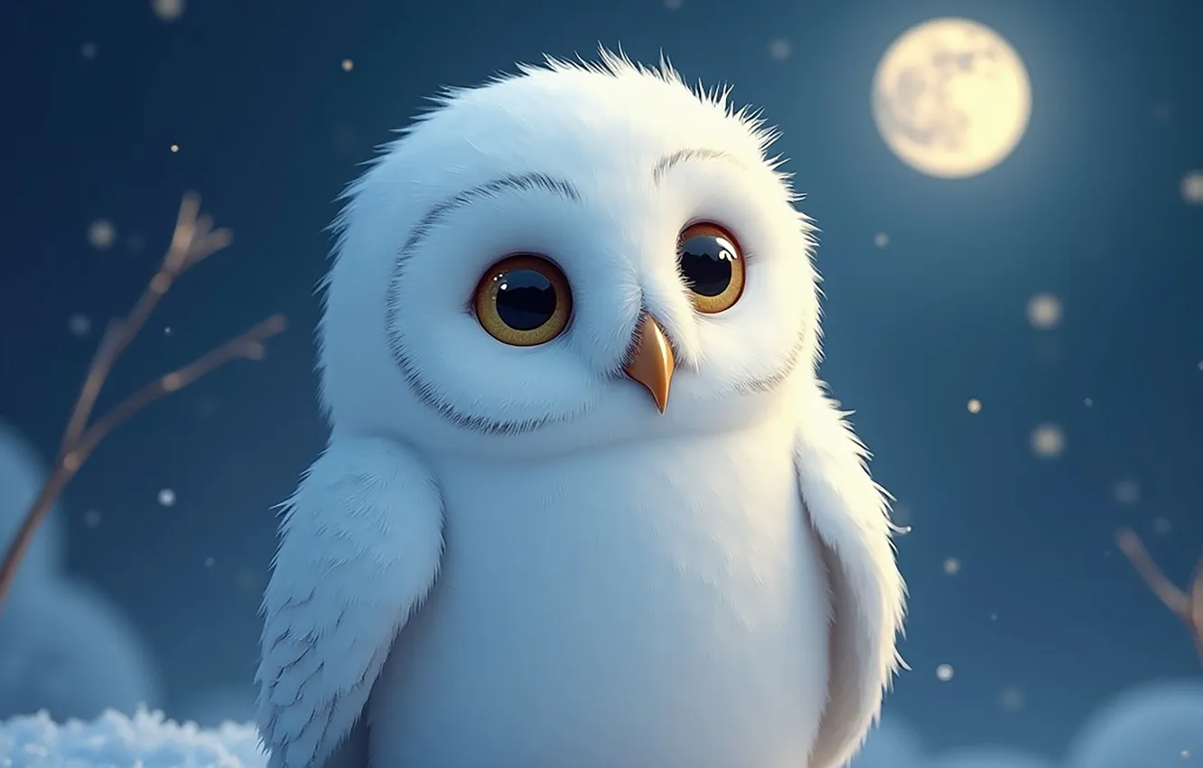 Photo wallpaper winter, white, snow, night, owl, bird, the moon, Chicks