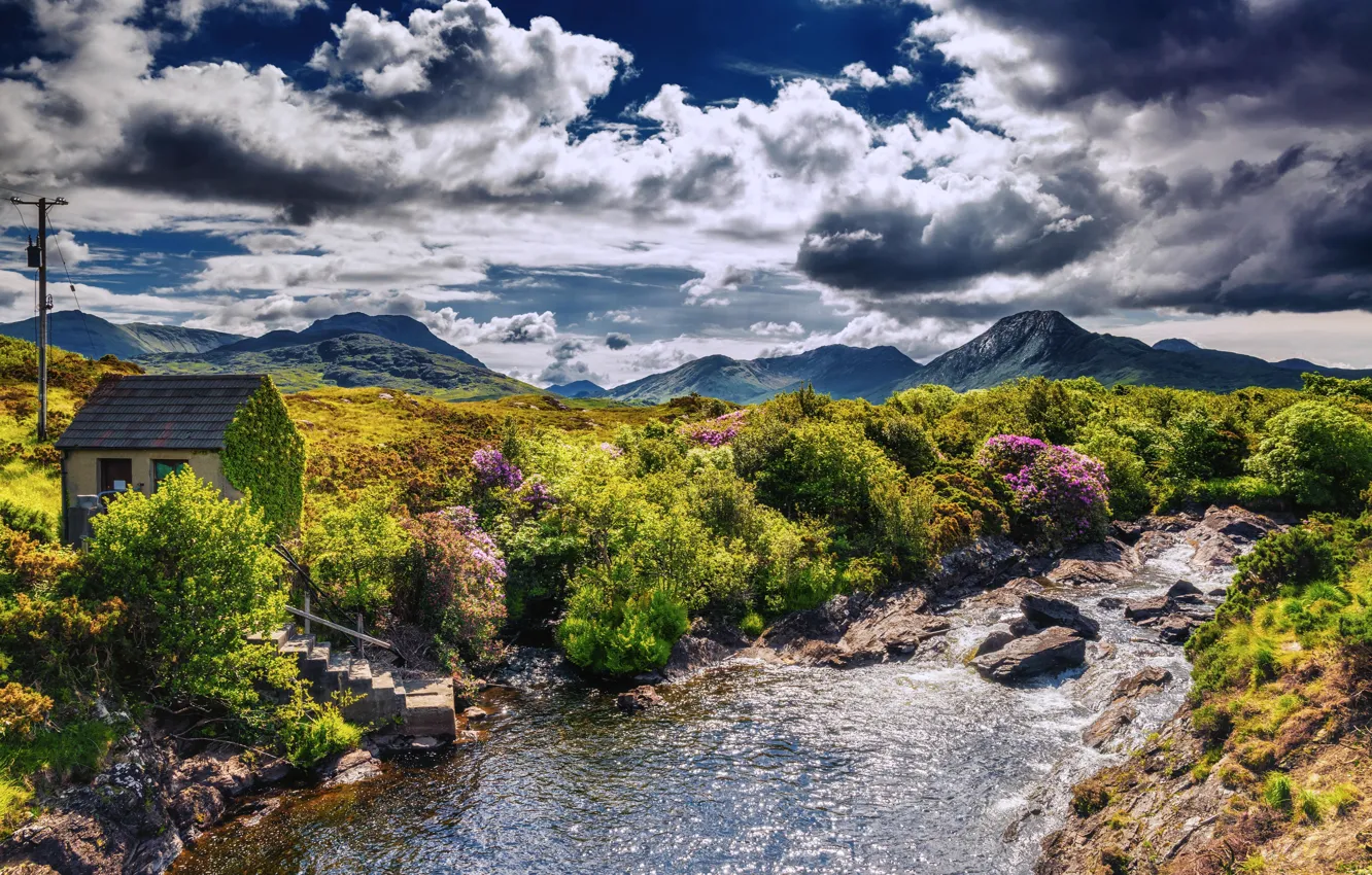 Photo wallpaper the sky, the sun, clouds, mountains, stream, stones, house, Ireland