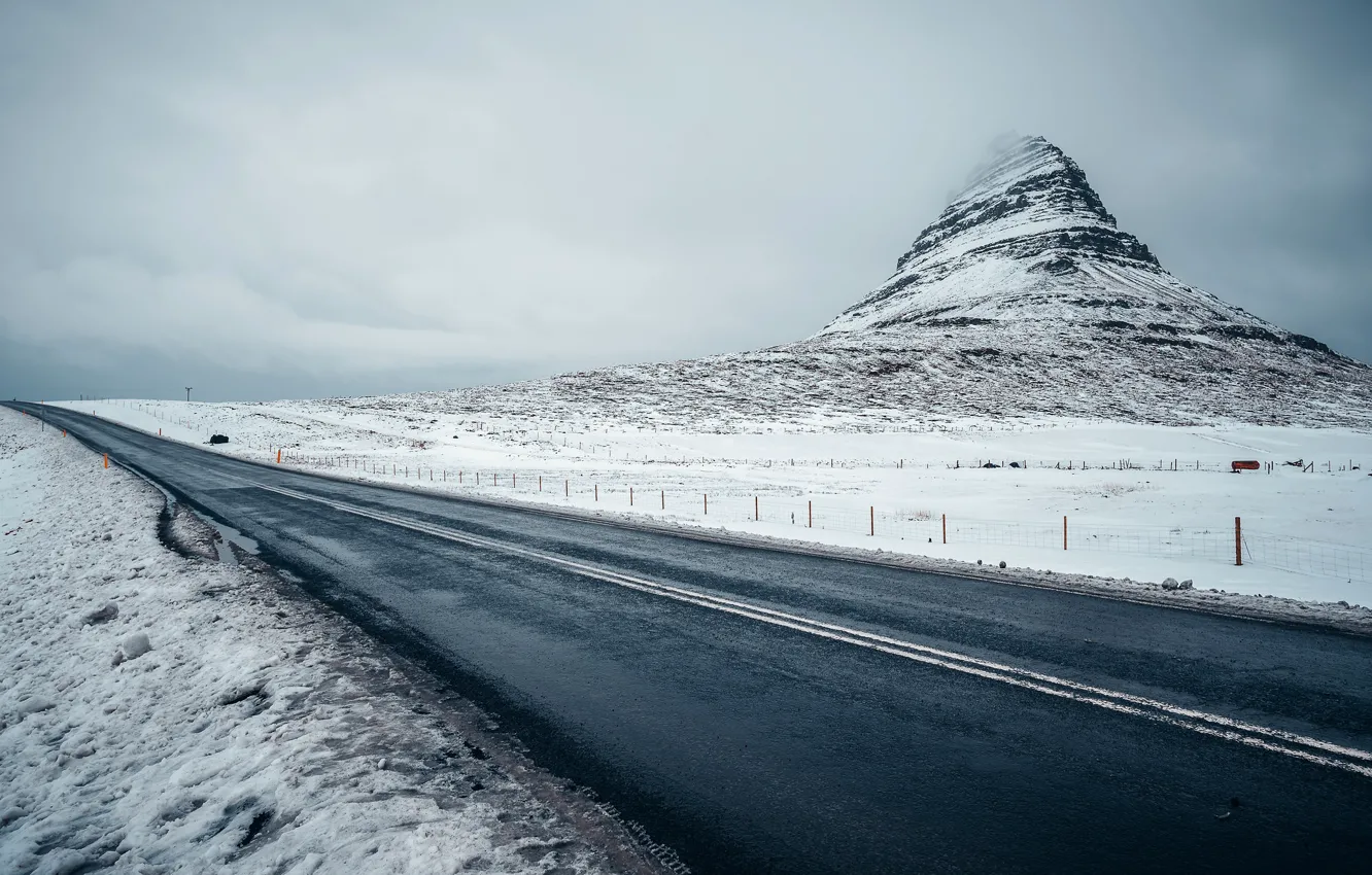Photo wallpaper winter, road, snow, fog, Iceland, Kirkjufell
