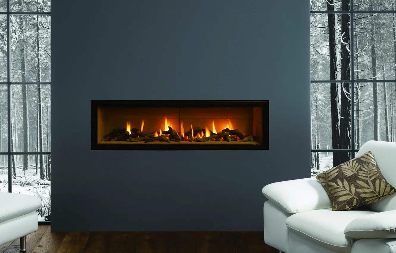 Photo wallpaper winter, snow, trees, nature, lights, grey, room, chair