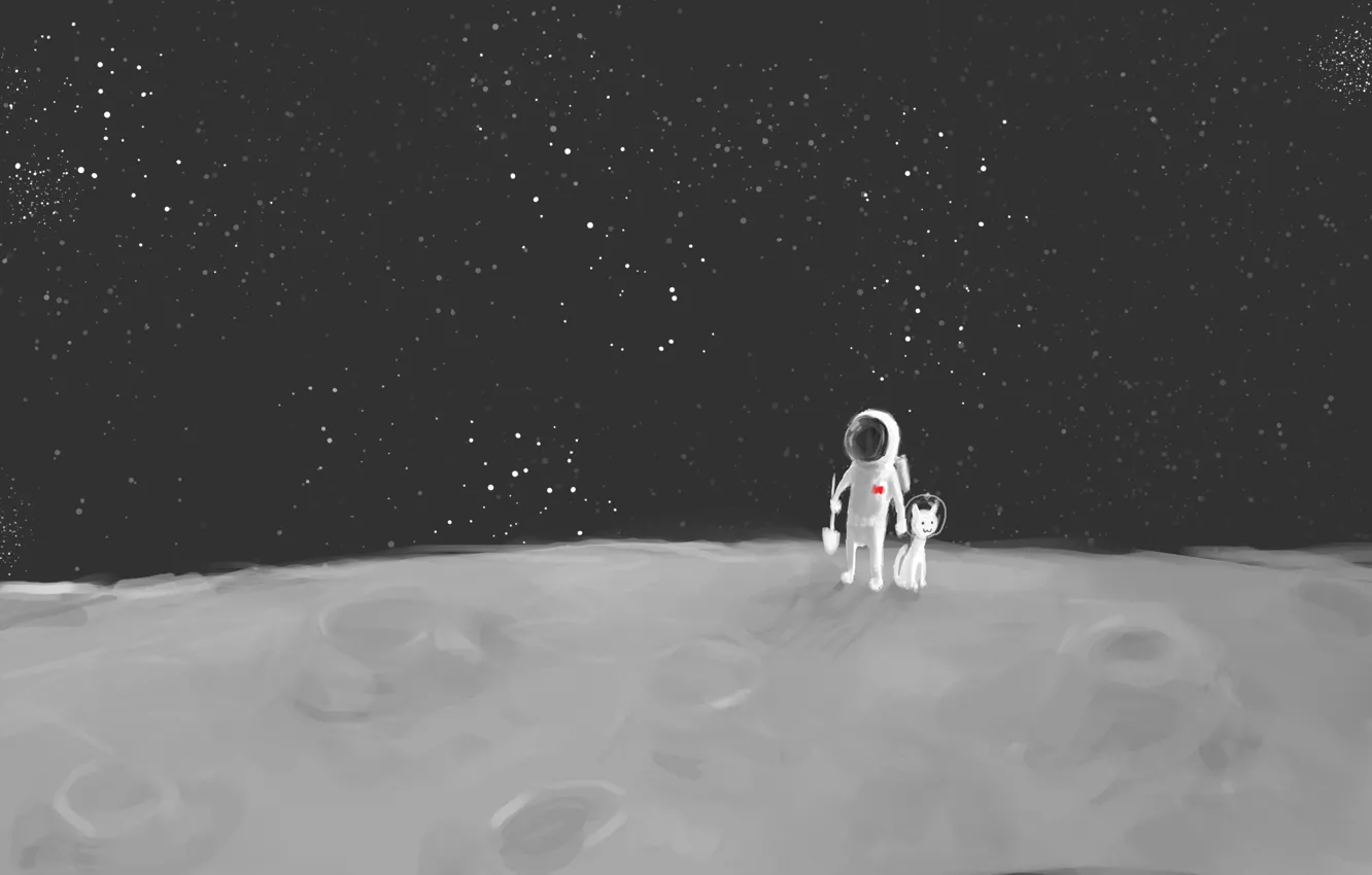 Photo wallpaper cat, astronaut, stars, The moon, shovel