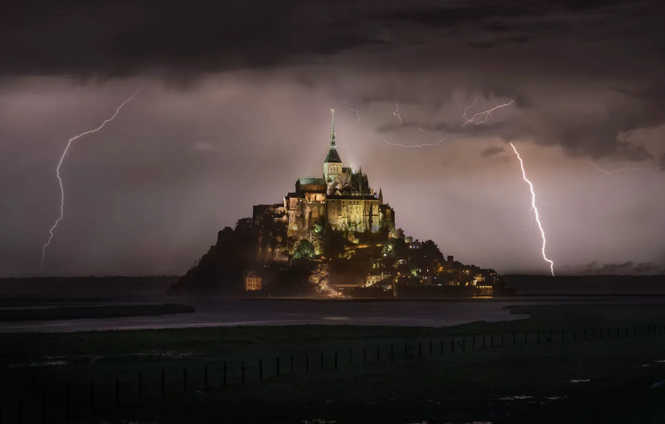 Photo wallpaper the storm, lightning, France, the monastery, Normandy, Mont-Saint-Michel
