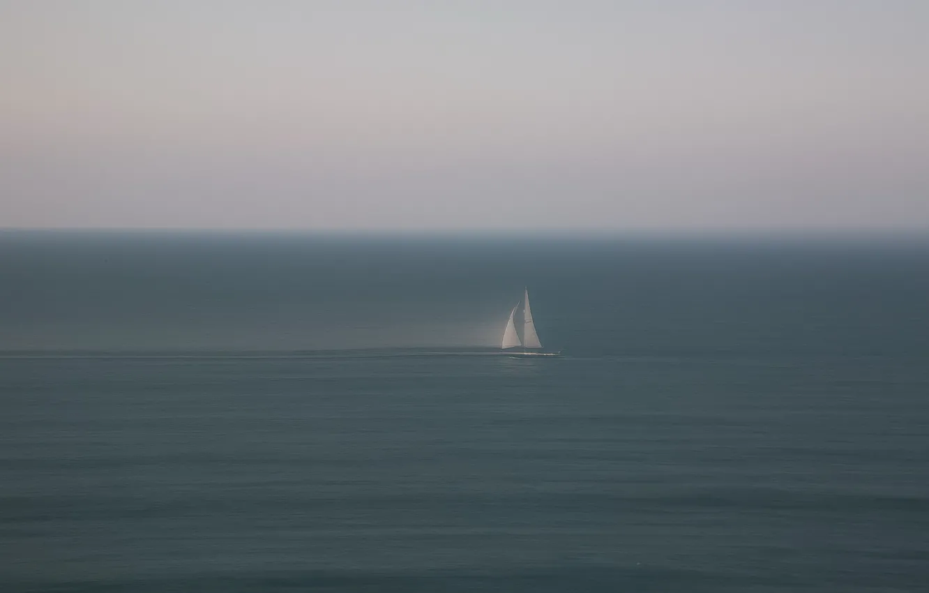 Photo wallpaper sea, boat, minimalism, sail, haze