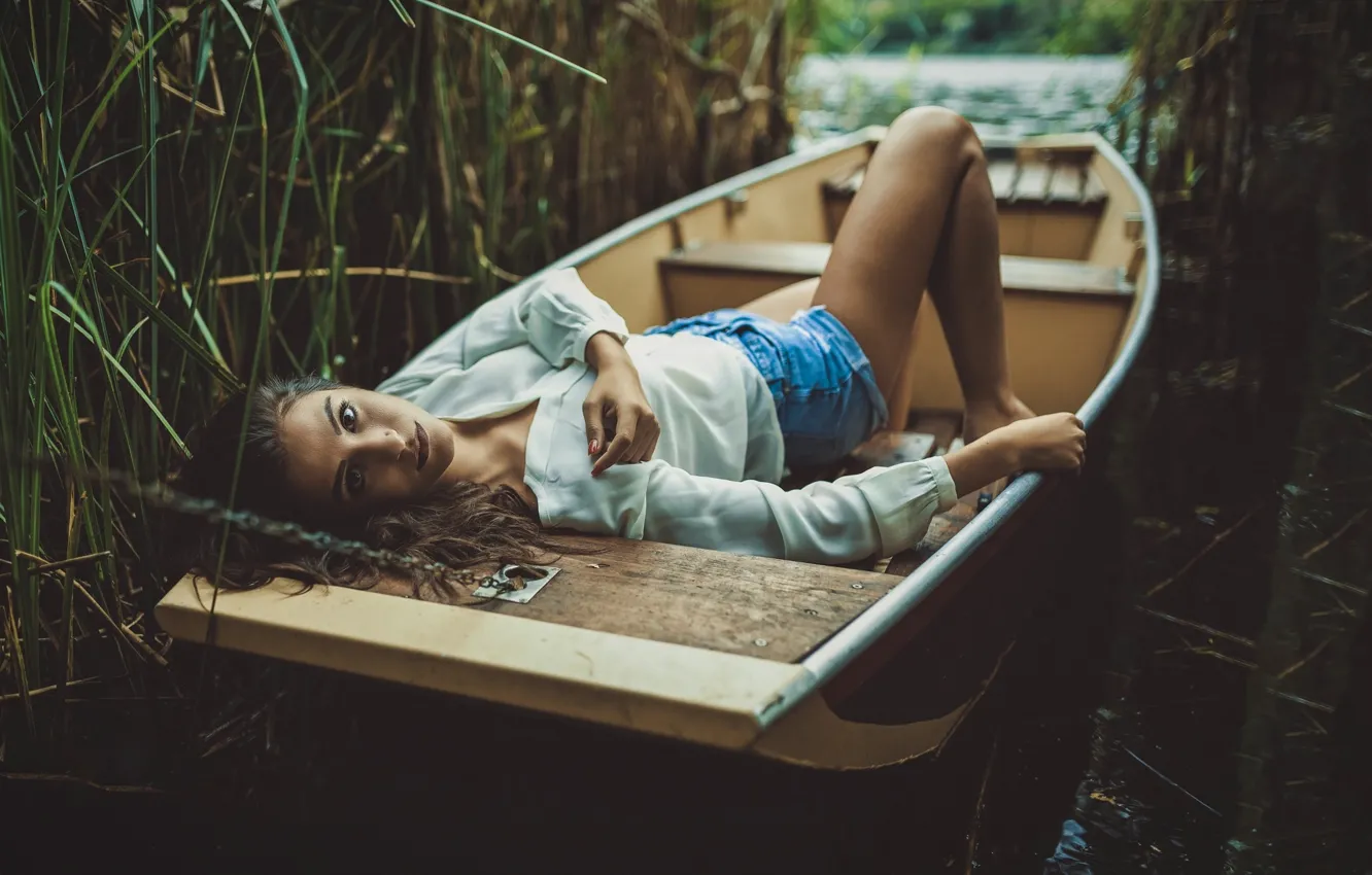 Photo wallpaper grass, look, water, girl, nature, pose, lake, thickets