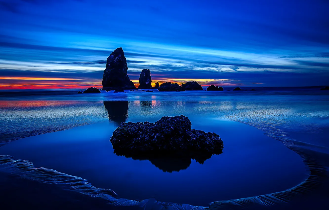 Photo wallpaper rocks, glow, tide, shore, Oregon, USA