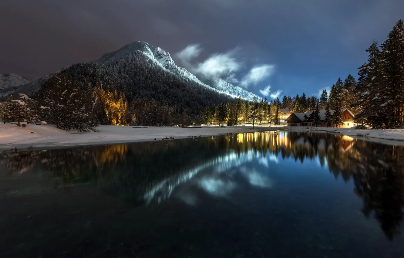 Photo wallpaper mountains, night, lake