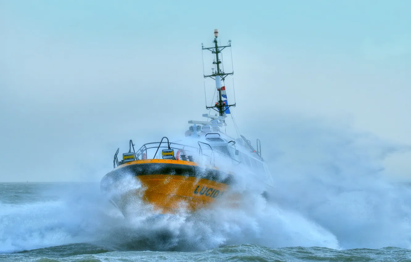 Photo wallpaper wave, storm, element, ship, Netherlands